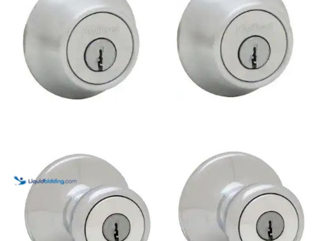 Lot 49-3631218 - Kwikset Tylo Satin Chrome Exterior Entry Door Knob and Single Cylinder Deadbolt Project Pack, Model ...