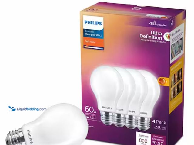 Lot 49-1631292 - Lot of (4) boxes of Philips 60-Watt Equivalent A19 Ultra Definition Dimmable E26 LED Light Bulb EyeC...