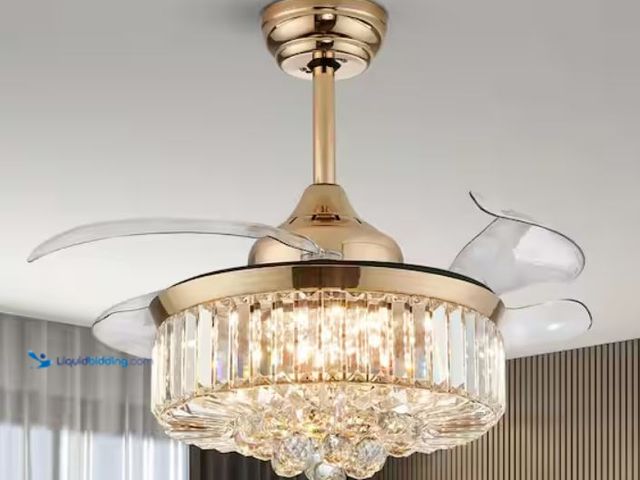 Lot 49-1623731 - 36" Gold Crystal Ceiling Fans with Lights Retractable invisible Blades Fandelier Dimmable Chandelier...