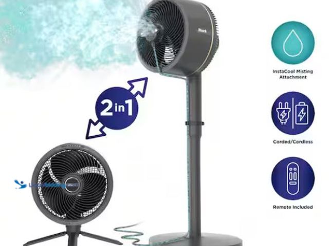 Lot 49-1637934 - Shark FlexBreeze 13 in. 5-Speed Outdoor and Indoor Pedestal Fan in Dark Grey InstaCool Misting Attac...
