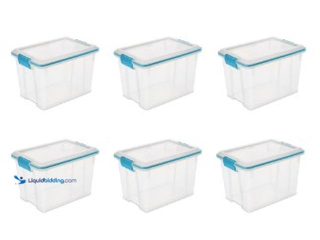 Lot 49-2022999 - (6-Pack) Sterilite 20 Quart Gasket Box, Weather-Resistant Clear Storage Bin with Lid, Blue, Model # ...