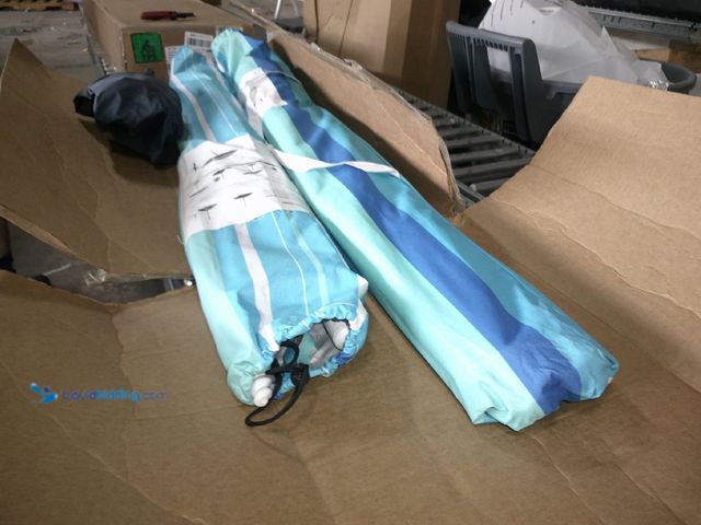 Lot 49-3464374 - Outdoor Master 2 Pc Beach Umbrella, Blue and White Stripped, Used   Ref#4G-0801