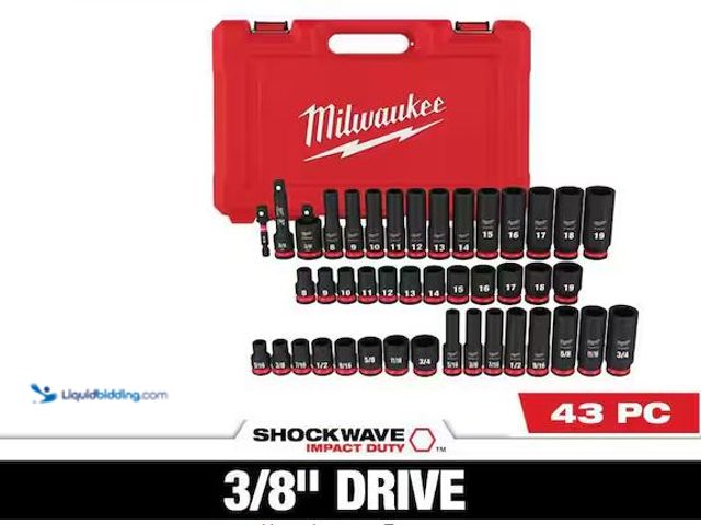 Lot 49-1568716 - Milwaukee SHOCKWAVE 3/8 in. Drive SAE and Metric 6 Point Impact Socket Set (43-Piece) Model # 49-66-...