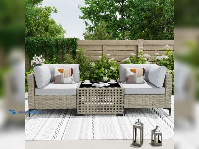 Lot 49-3510796 - 3-piece Caodoc SKT Rattan Outdoor Sectional with Light gray Cushions and Wicker Frame. Item is New