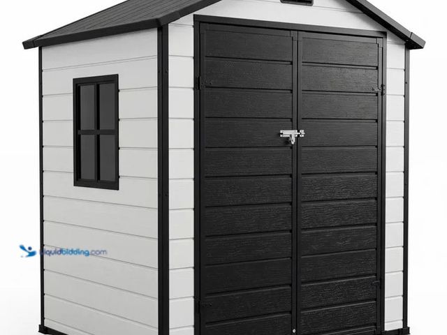Lot 49-2022880 - Garvee Outdoor Storage Shed, 6 x 4 FT Plastic Resin Shed with Floor, Window, Sloped Roof and Lockabl...