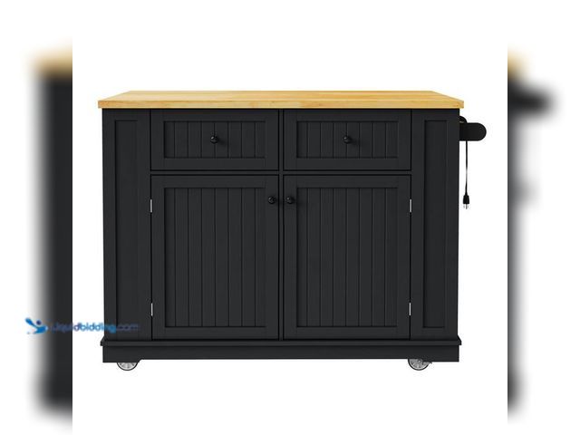 Lot 49-2024989 - Nestfair Black Wood 48 in. Rolling Kitchen Island with Drop Leaf, Power Outlet and 5 Wheels, Model #...