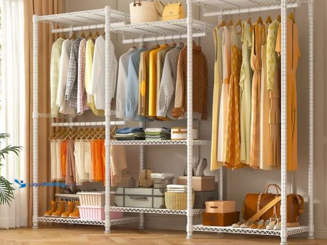 Lot 49-3473714 - Raybee 77"H 900 LBS Clothing Rack, Freestanding Closet Wardrobe Rack, Metal Garment Rack - White, Mo...