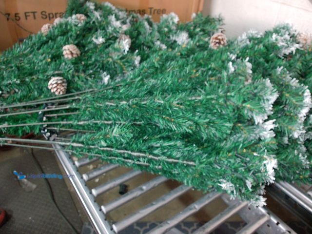 Lot 49-1546894 - Yexmas LED Pre-Lit 7.5ft Spray White Green Christmas Tree with Pinecones and White Faux Fur Tree Ski...