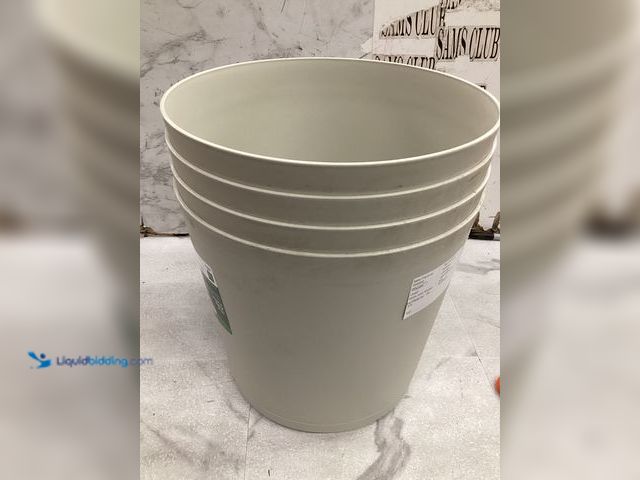 Lot 49-5488532 - QTY 4 - Vigoro Kyra Medium Cottage Stone Plastic Round Planter with Attached Saucer (12 in. L x 12 i...