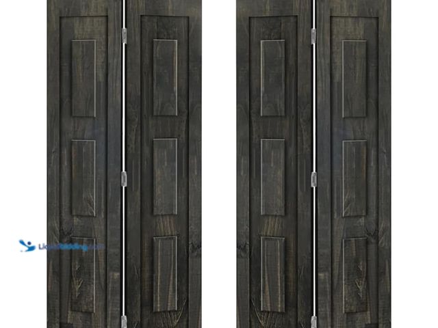 Lot 49-5487723 - 68 in. x 80 in. 3 Panel Shaker Hollow Core Charcoal Black Pine Wood Double Bi-Fold Door with Barn Do...