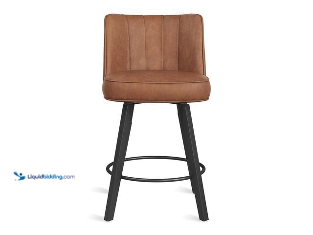Lot 49-5408101 - LUE BONA Paul 26 in. Brown Modern Faux Leather 360° Swivel High Back Barstool Solid Wood Counter Hei...