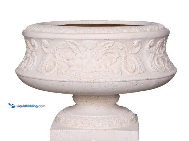 Lot 49-5538784 - MPG 16.25 in. dia Light Aged White Cast Stone Fiberglass Ornate Low Urn Unused
