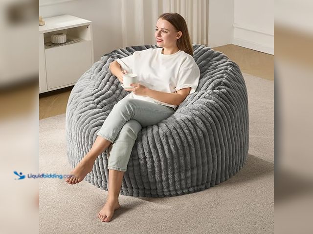 Lot 49-3614456 - Lounge & Co Adult Giant Bean Bag Chair with Filling, 4FT Grey Oversized Bean Bag Chair, Slightly use...