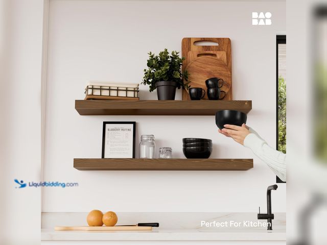 Lot 49-3564402 - BAOBAB WORKSHOP Wood Floating Shelves for Wall 30 Inches Long, Solid Wooden Bathroom Shelf Large, He...