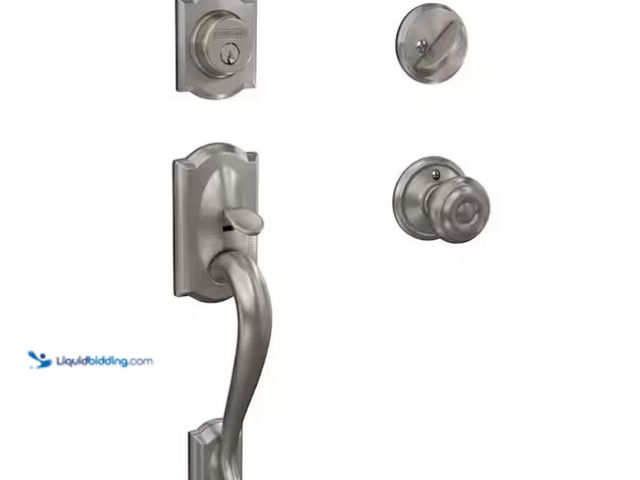 Lot 49-1566817 - Schlage Camelot Satin Nickel Single Cylinder Door Handle set with Georgian Knob, Model # F60V CAM x ...