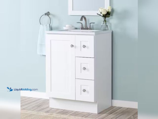 Lot 49-2006630 - Glacier Bay Bannister 25 in. Single Sink White Bath Vanity with Granite-Look Colorpoint White Cultur...