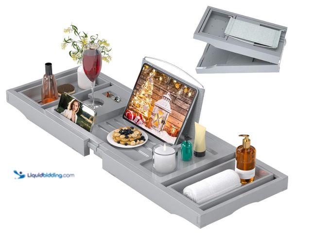Lot 49-3431456 - Bathtub Caddy Tray for Tub, Foldable Bath Table Trays, Bamboo Shelf with Book and Wine Glass Holder,...