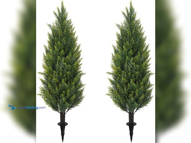 Lot 49-5448695 - 3FT Artificial Cedar Topiary Trees with Ground Spike, Set of 2 Faux Cypress Plants UV Resistant Arti...