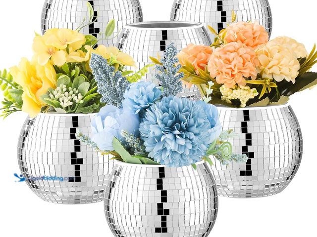 Lot 49-5410260 - 6 Pcs Disco Ball Vase Disco Ball Planter for Centerpieces Disco Ball Decor Flower Vase with Silver M...