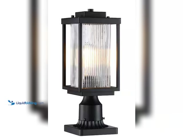 Lot 49-3637872 - 1-Light Black Metal Outdoor Waterproof Post Light Set with Striped Clear Glass and Base Adaptor with...