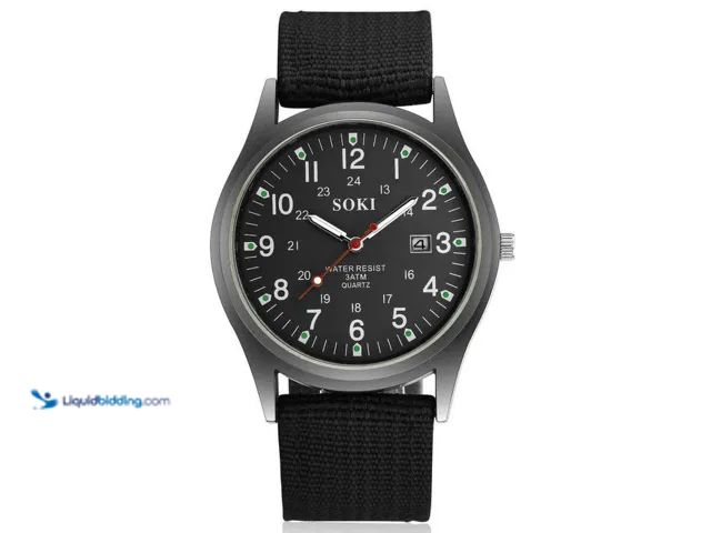 Lot 49-1811681 - SOKI Quartz Wrist Watch with Date Display and Nylon Strap - Black - Featuring quartz movement, lumin...