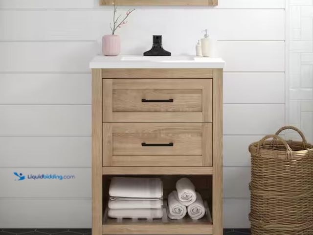 Lot 49-1570378 - Home Decorators Collection Autumn 24 in. Single Sink Weathered Tan Bath Vanity with White Engineered...