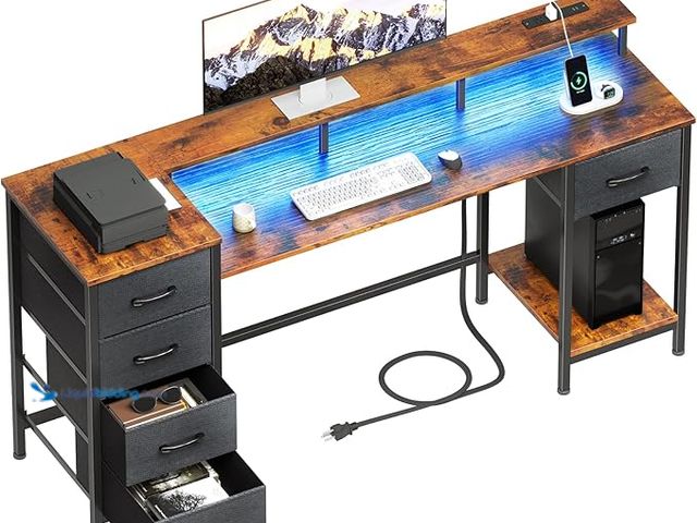 Lot 49-3462995 - 55 Inch Computer Gaming Desk with Power Outlets LED Lights, Reversible Home Office with Adjustable F...
