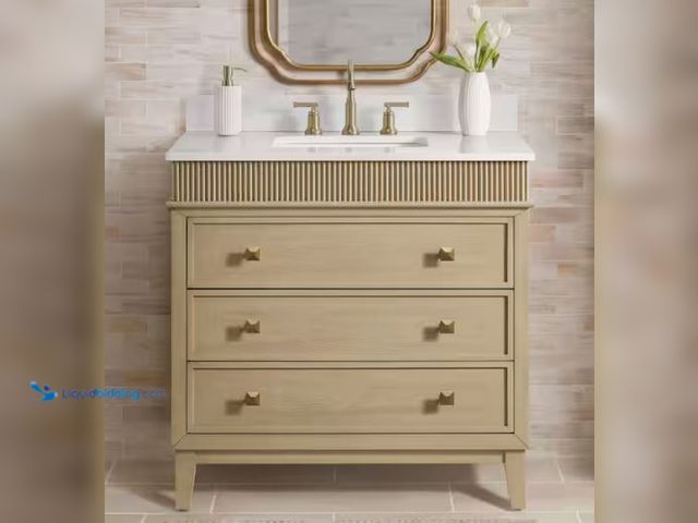Lot 49-1595369 - Home Decorators Collection Danby 36 in. Single Sink Platinum Oak Bath Vanity with White Engineered M...