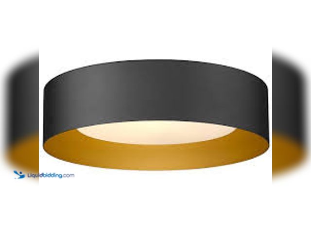 Lot 49-5407283 - 11.4 in. 1-Light Black Flush Mount with Frosted Glass Shade. Model # HDC-3336-BK E26. Unused