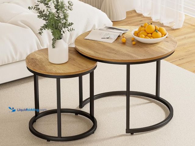 Lot 49-3481678 - Coffee Table Set of 2, 23.6" Round Coffee Table Brown Wood with Adjustable Non-Slip Feet, Industrial...