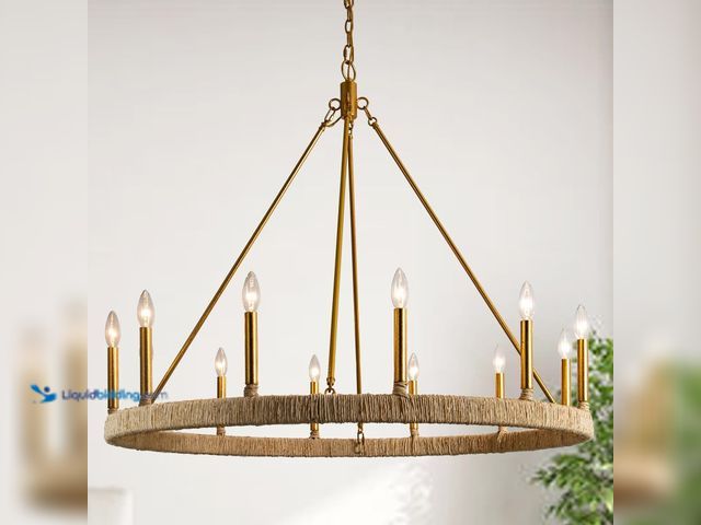 Lot 49-5437593 - 40 Inch Gold Large Boho Chandelier,12-Light Wagon Wheel Rattan Chandelier,Farmhouse Chandeliers High...