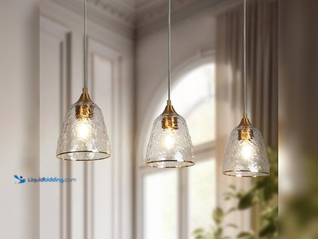 Lot 49-1637961 - 3-Light Bell Rippled Glass Kitchen Island Pendant Chandelier, Plated Brass, Unused, Model # LEYJZEI2...