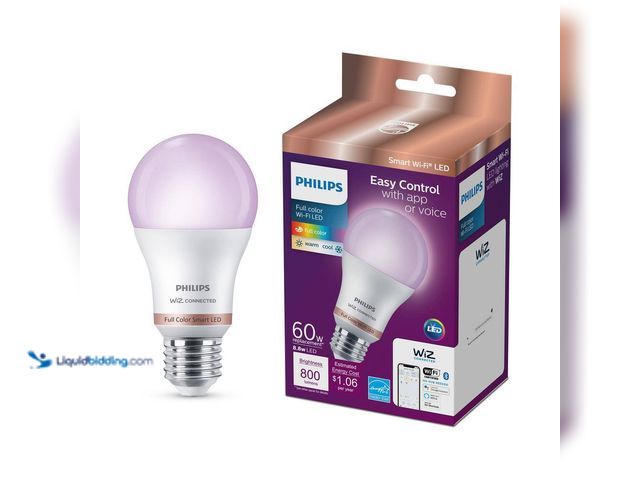 Lot 49-5435299 - Philips
60-Watt Equivalent A19 LED Smart Wi-Fi Color Changing Smart Light Bulb powered by WiZ with ...