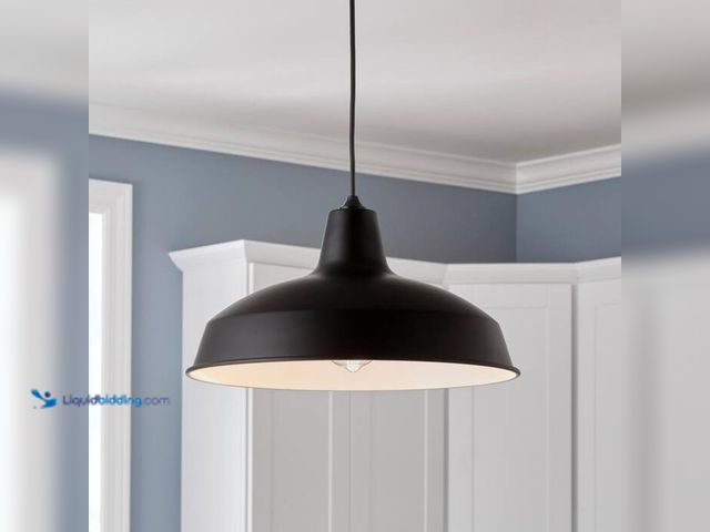 Lot 49-2000722 - Hampton Bay 1-Light Black Warehouse Pendant Hanging Light with Metal Shade, Model # AF-1032R/BK, unu...