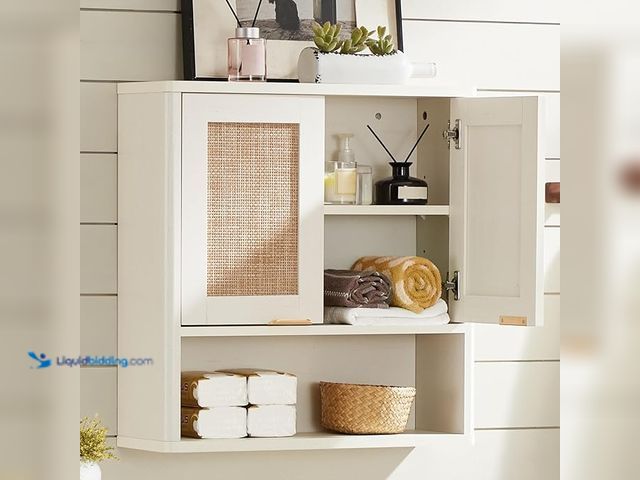 Lot 49-5438362 - LEYAOYAO Rattan Bathroom Wall Cabinet, Boho Medicine Cabinet with Adjustable Shelve & Doors, Over Th...