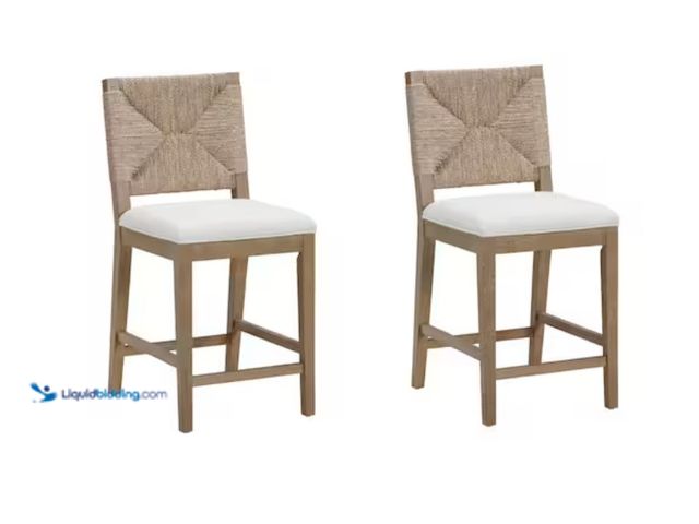 Lot 49-1617980 - Nathan James Beacon 24 in. Bohemian Boucle Upholstered Wood Counter Height Bar Stool w/ Woven Back, ...
