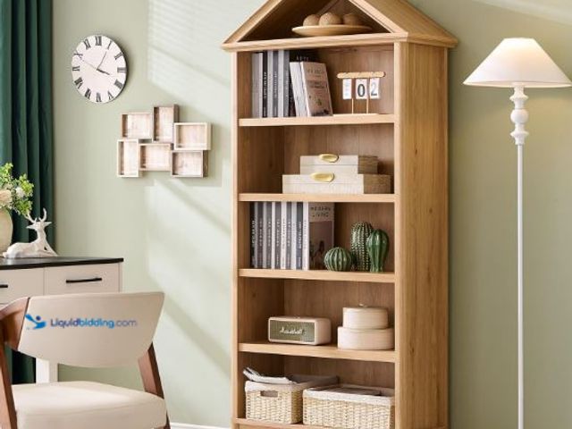 Lot 49-1558913 - 75.9" Tall Angled Arch Bookshelf, 5 Tiers Geometric Large Bookcase with Storage, Modern Triangular T...