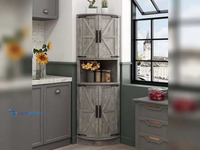 Lot 49-3547815 - Farmhouse Corner Cabinet with Barn Doors - 4 Doors & 5 Shelves, Grey Item is unused with hardware