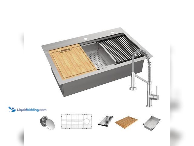 Lot 49-1520589 - Glacier Bay Dolancourt Tight Radius 33 in. Drop-In Single Bowl 18G Stainless Steel Workstation Kitch...