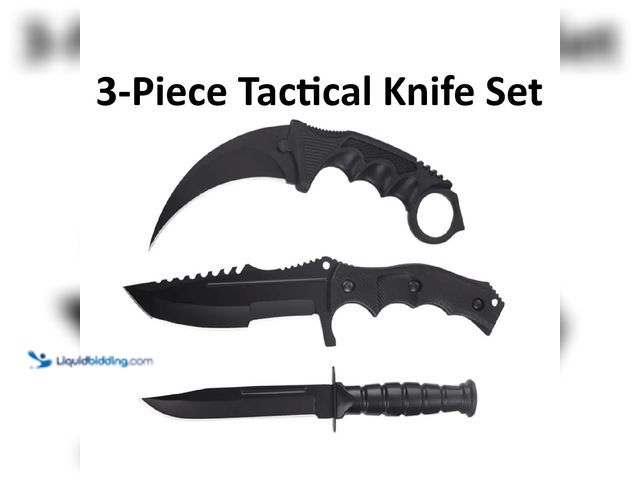 Lot 49-1820478 - Tactical Fixed Blade 3 Piece Combo Knife Set Black - NEW - Each knife features a stainless steel bla...