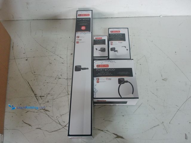 Lot 49-3617057 - Delta Portwood 4-Piece Bath Hardware Set with 24 in. Towel Bar, Toilet Paper Holder, Towel Ring, Tow...