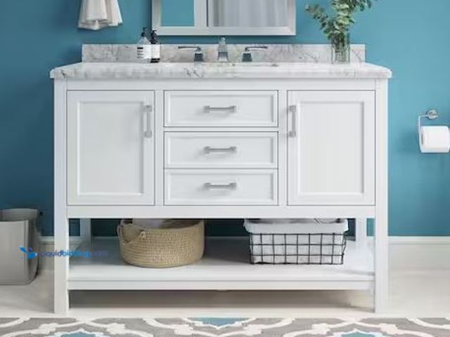 Lot 49-1528668 - Home Decorators Collection Everett 49 in. Single Sink White Bath Vanity with White Carrara Marble To...