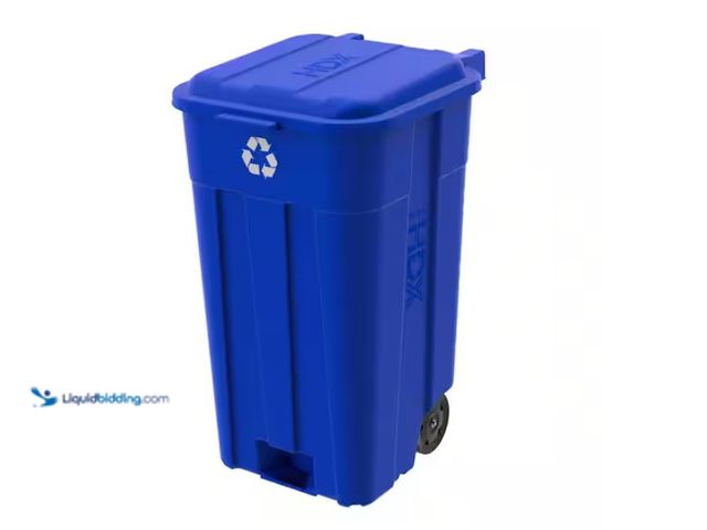 Lot 49-1622530 - HDX 45 gal. Blue Heavy Duty Outdoor Recycling Trash Can with Wheels and Attached Lid, Model # 999-24...