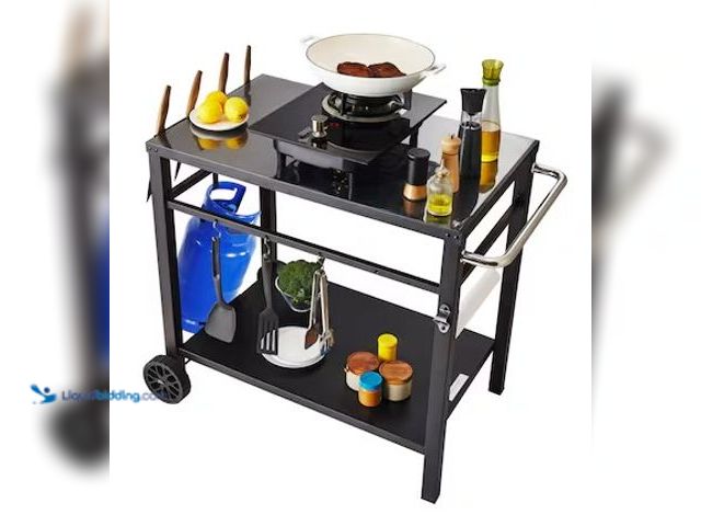 Lot 49-2025575 - VEVOR Outdoor Grill Dining Cart with Double-Shelf BBQ Movable Food Prep Table Multifunctional Iron T...