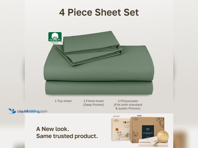 Lot 49-5572353 - QUEEN Soft Natural 100% Cotton Sateen Queen Size Sheets, 4 Pc Set, Pine Green. Model: 840307183866. ...
