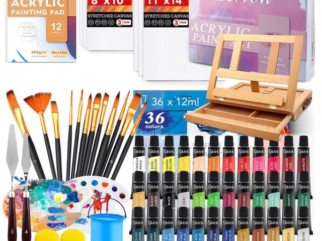 Lot 49-1575668 - ESRICH Acrylic Paint Set, 74 PCS Professional Paint Supplies with Paint Brushes, Wooden Tabletop Eas...