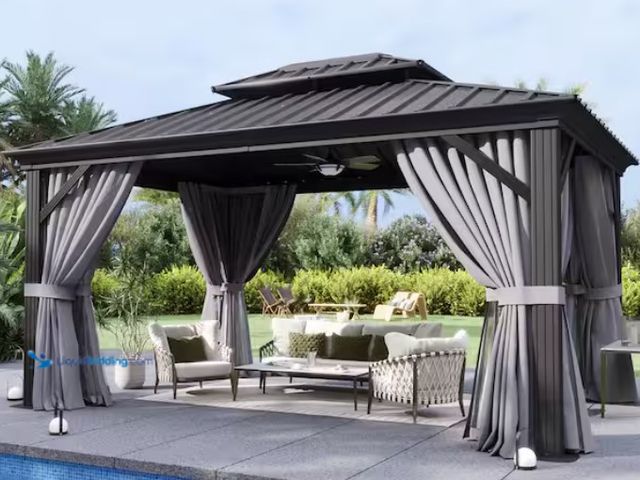 Lot 49-1602221 - Sizzim 12 ft. W x 10 ft. D Black Aluminum Double Roof Hardtop Gazebo with Ceiling Hook, Curtains and...