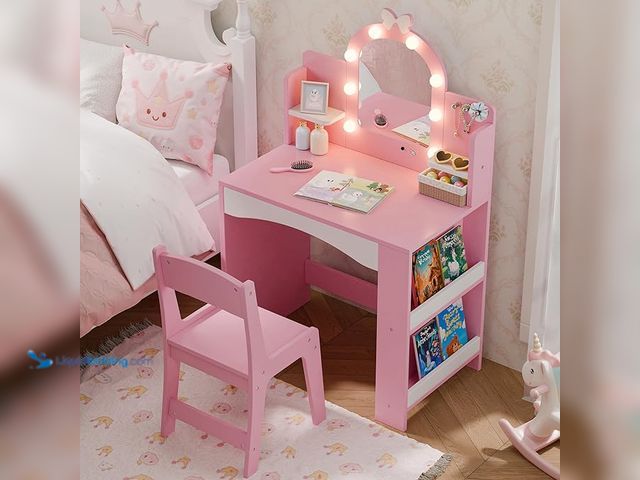 Lot 49-3480446 - TOLEAD Girls Vanity with Lights, Kids Vanity Table and Chair Set for Princess, Toddler Makeup Vanity...