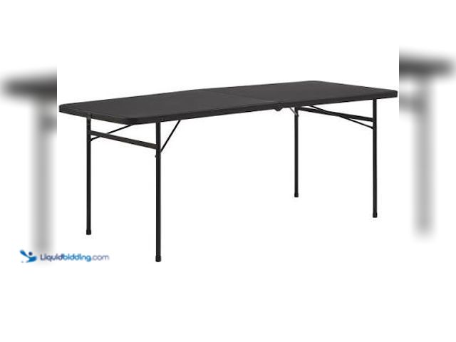 Lot 49-5559239 - Mainstays 6' Rectangle Centerfold Folding Table, Black. Unused, some scuufs, frame is slightly bent