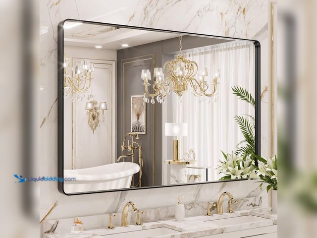 Lot 49-5449242 - LOAAO 48X40 Inch Black Metal Framed Bathroom Mirror for Wall, Matte Black Bathroom Vanity Mirror Far...